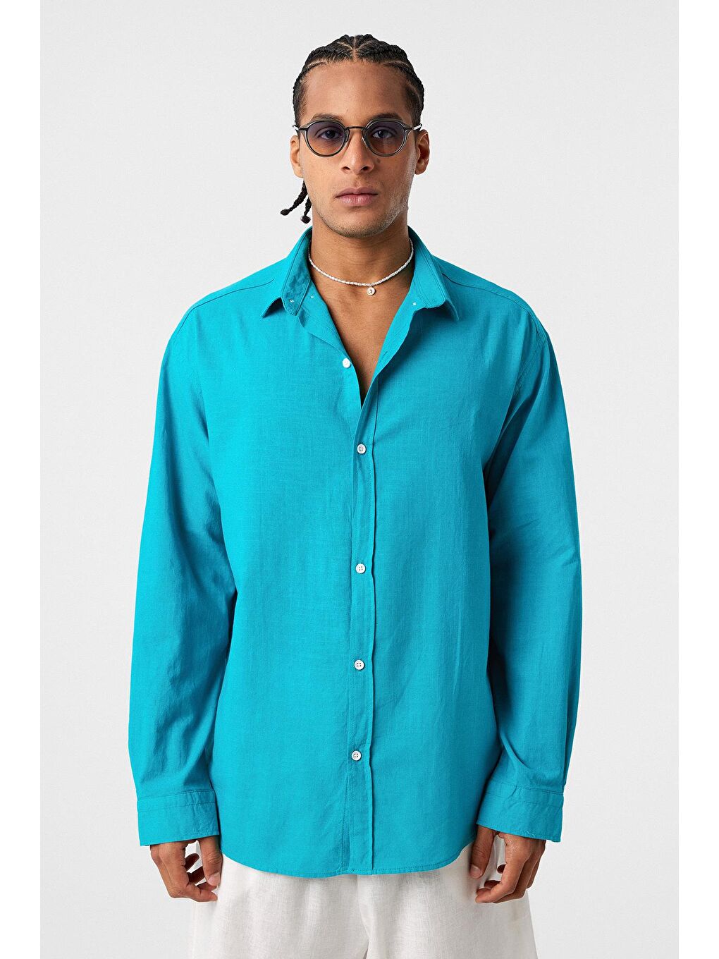 Basic Oversize Pamuk  Keten Gömlek Turkuaz-2