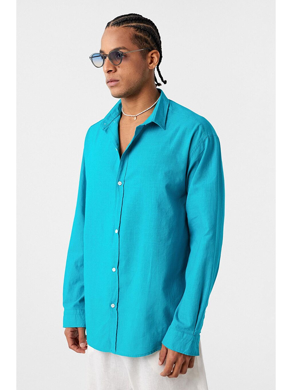 Basic Oversize Pamuk  Keten Gömlek Turkuaz-3
