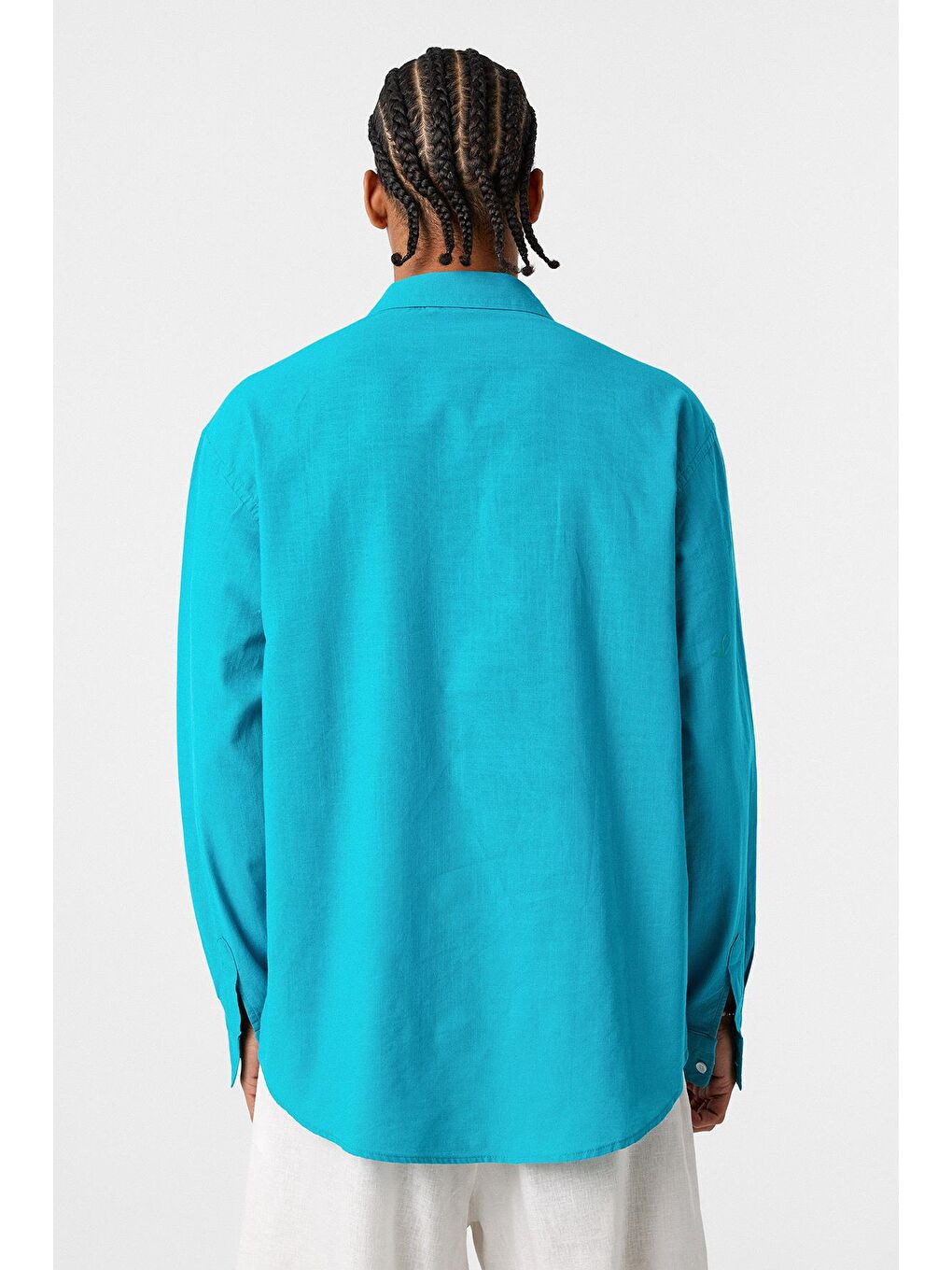 Basic Oversize Pamuk  Keten Gömlek Turkuaz-4