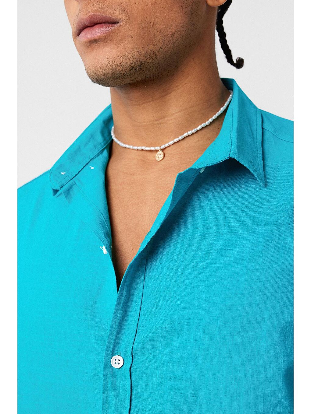 Basic Oversize Pamuk  Keten Gömlek Turkuaz-5