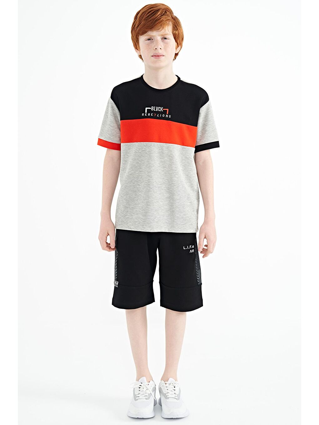 TOMMYLIFE Gri Melanj Renk Geçişli Nakışlı Oversize Erkek Çocuk T-Shirt - 11159 - 2