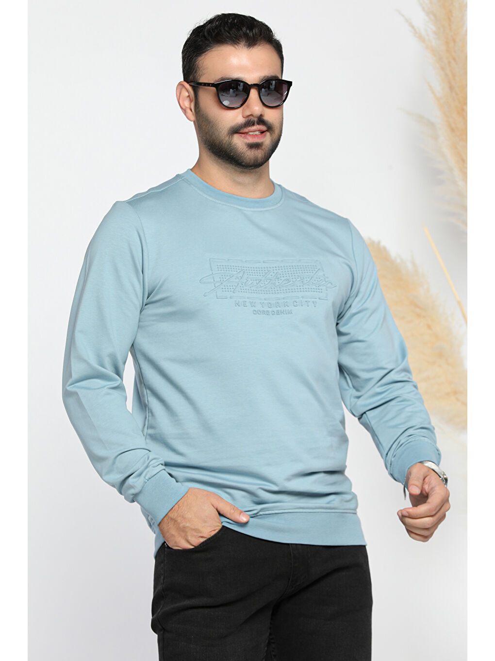 Mishar İtalia Mavi Erkek Bisiklet Yaka Yazı Kabartmalı Sweatshirt - 1