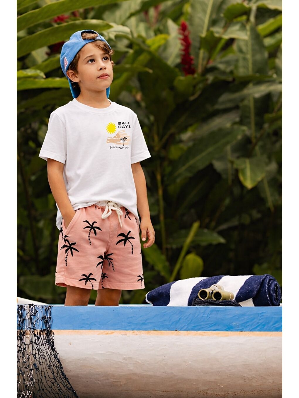 Erkek Çocuk Pamuklu Ekru Palmiye Baskılı T-Shirt Ve Şort Alt Üst Takım