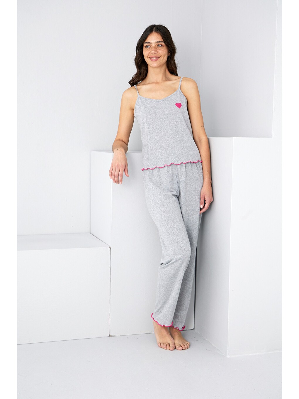 Gri İp Askılı Örme Pijama Takım 7883-1