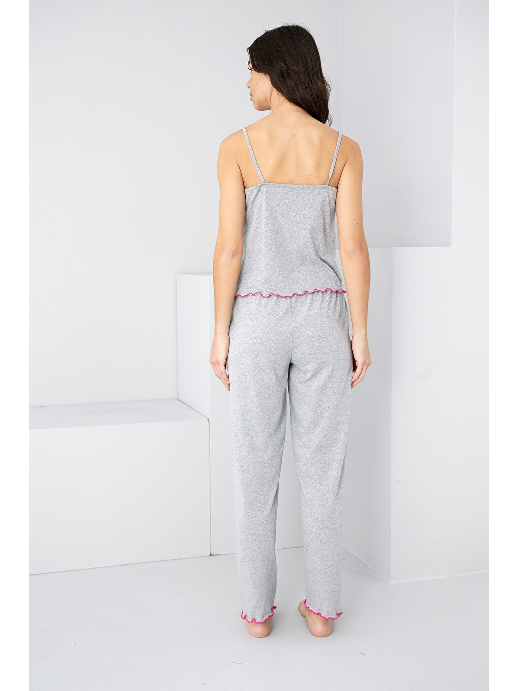 Gri İp Askılı Örme Pijama Takım 7883-2