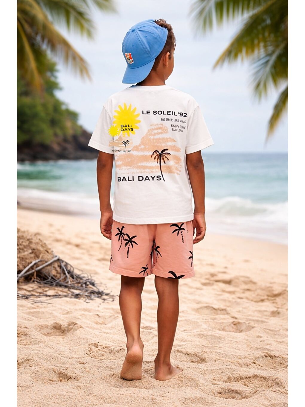 Erkek Çocuk Pamuklu Ekru Palmiye Baskılı T-Shirt Ve Şort Alt Üst Takım-1