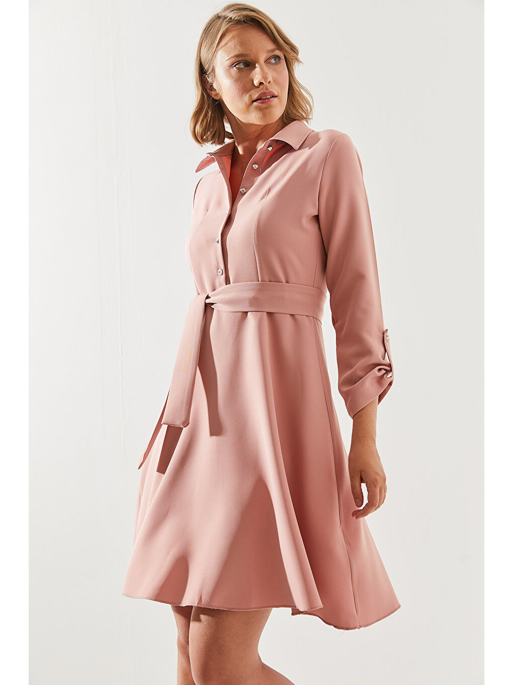 Pembe Kadın Gömlek Yaka Düğme Detaylı Uzun Kollu Elbise-1