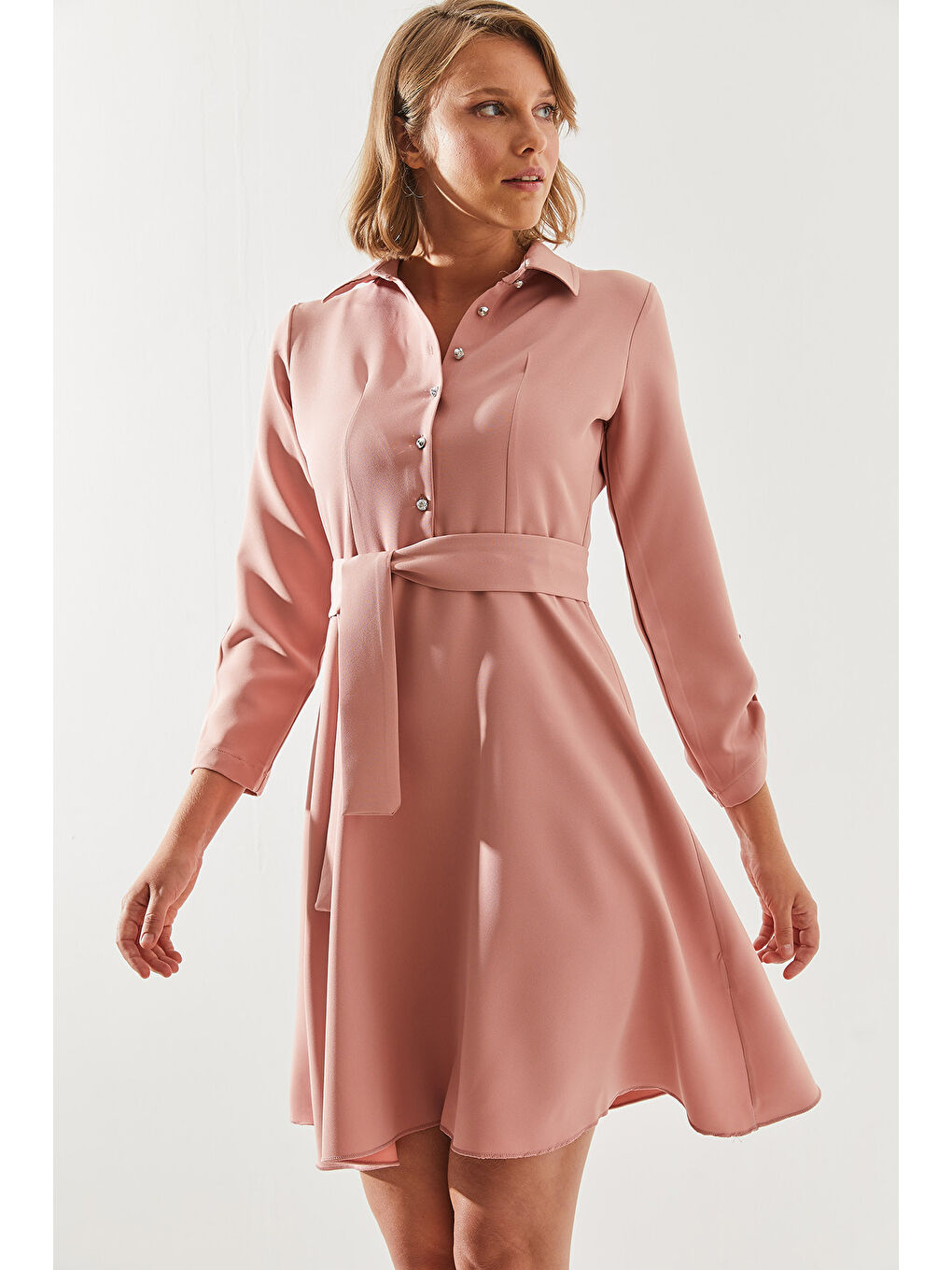 Pembe Kadın Gömlek Yaka Düğme Detaylı Uzun Kollu Elbise-2