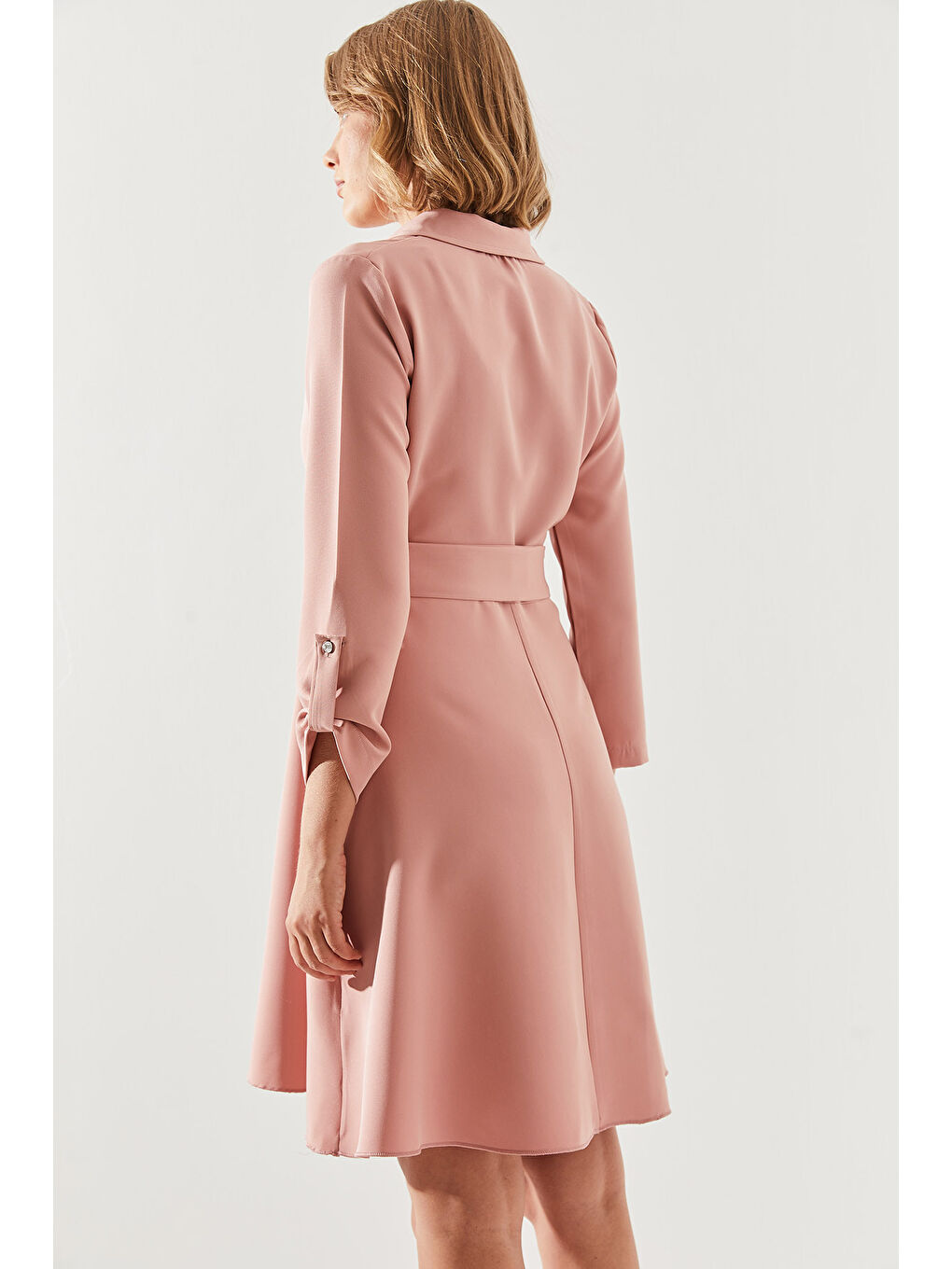 Pembe Kadın Gömlek Yaka Düğme Detaylı Uzun Kollu Elbise-3