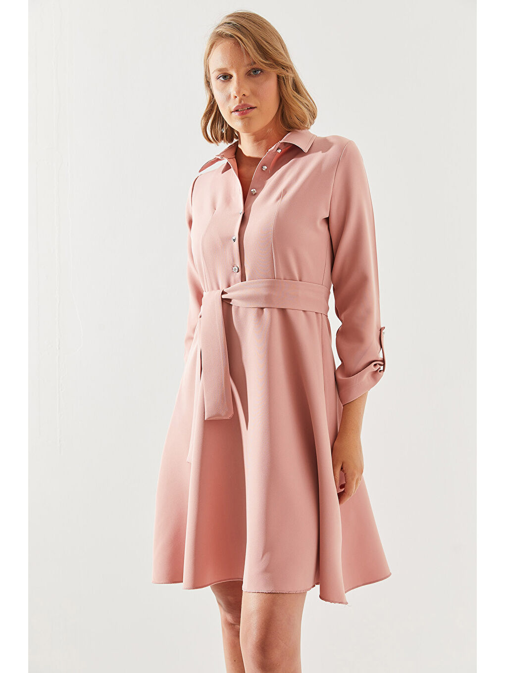 Pembe Kadın Gömlek Yaka Düğme Detaylı Uzun Kollu Elbise-4