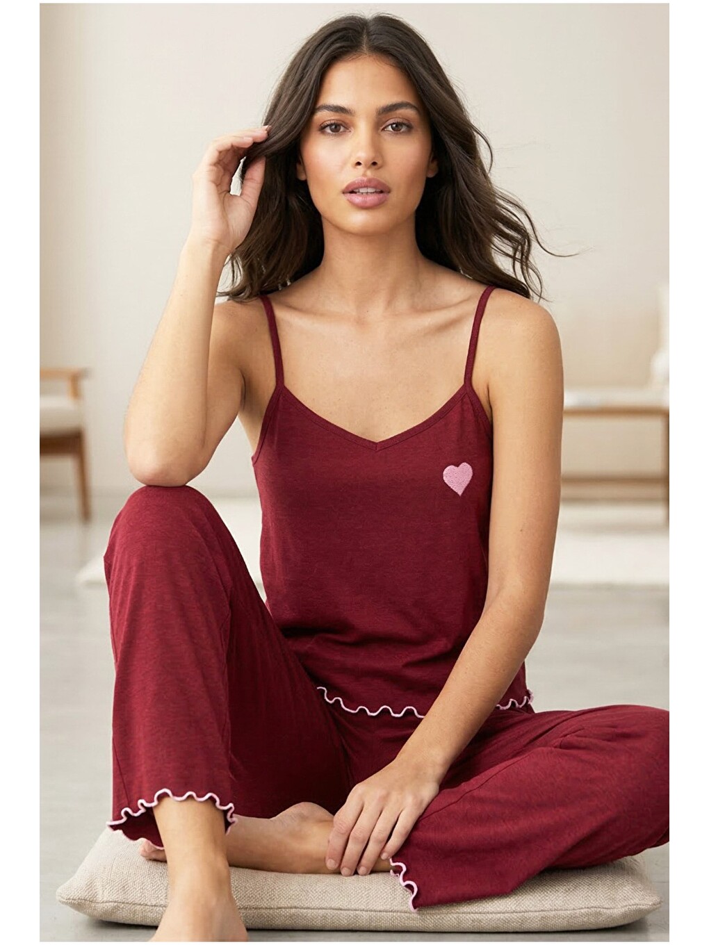 Bordo İp Askılı Örme Pijama Takım 7883
