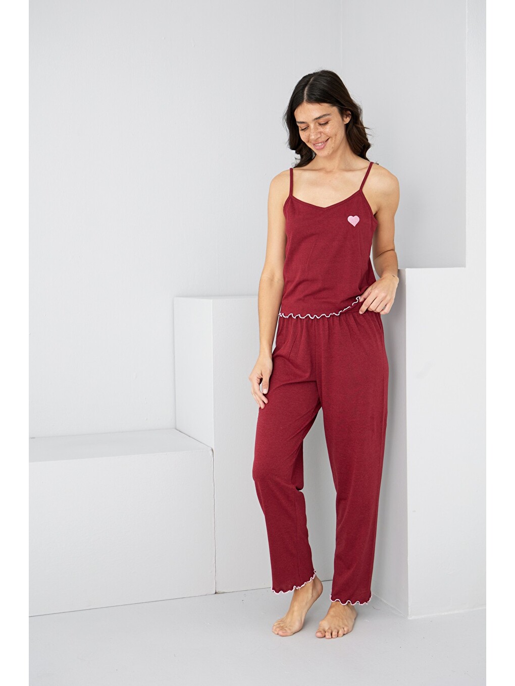 Bordo İp Askılı Örme Pijama Takım 7883-1