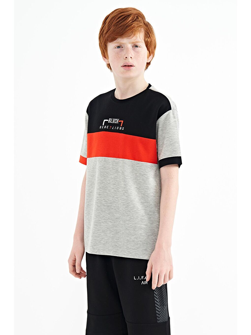 TOMMYLIFE Gri Melanj Renk Geçişli Nakışlı Oversize Erkek Çocuk T-Shirt - 11159 - 4