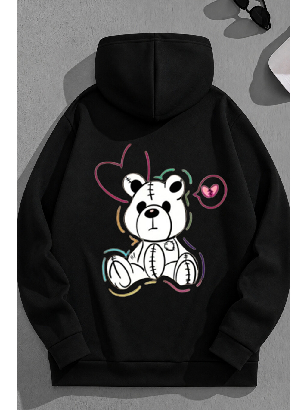 Unisex 3 İplik Pamuklu Siyah Sweatbear Baskı Bol Kalıp Sweatshirt Hoodie