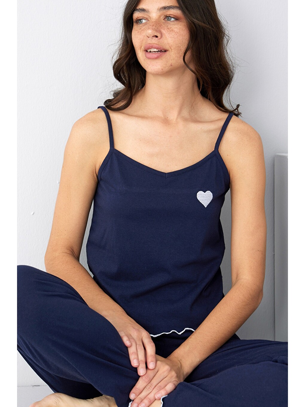 Lacivert İp Askılı Örme Pijama Takım 7883