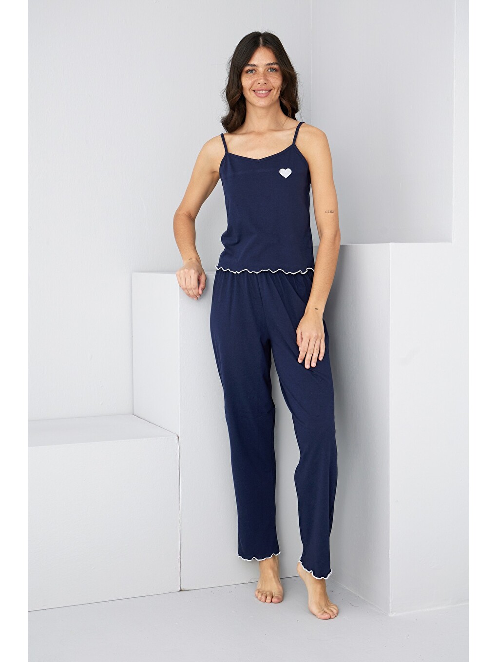 Lacivert İp Askılı Örme Pijama Takım 7883-1