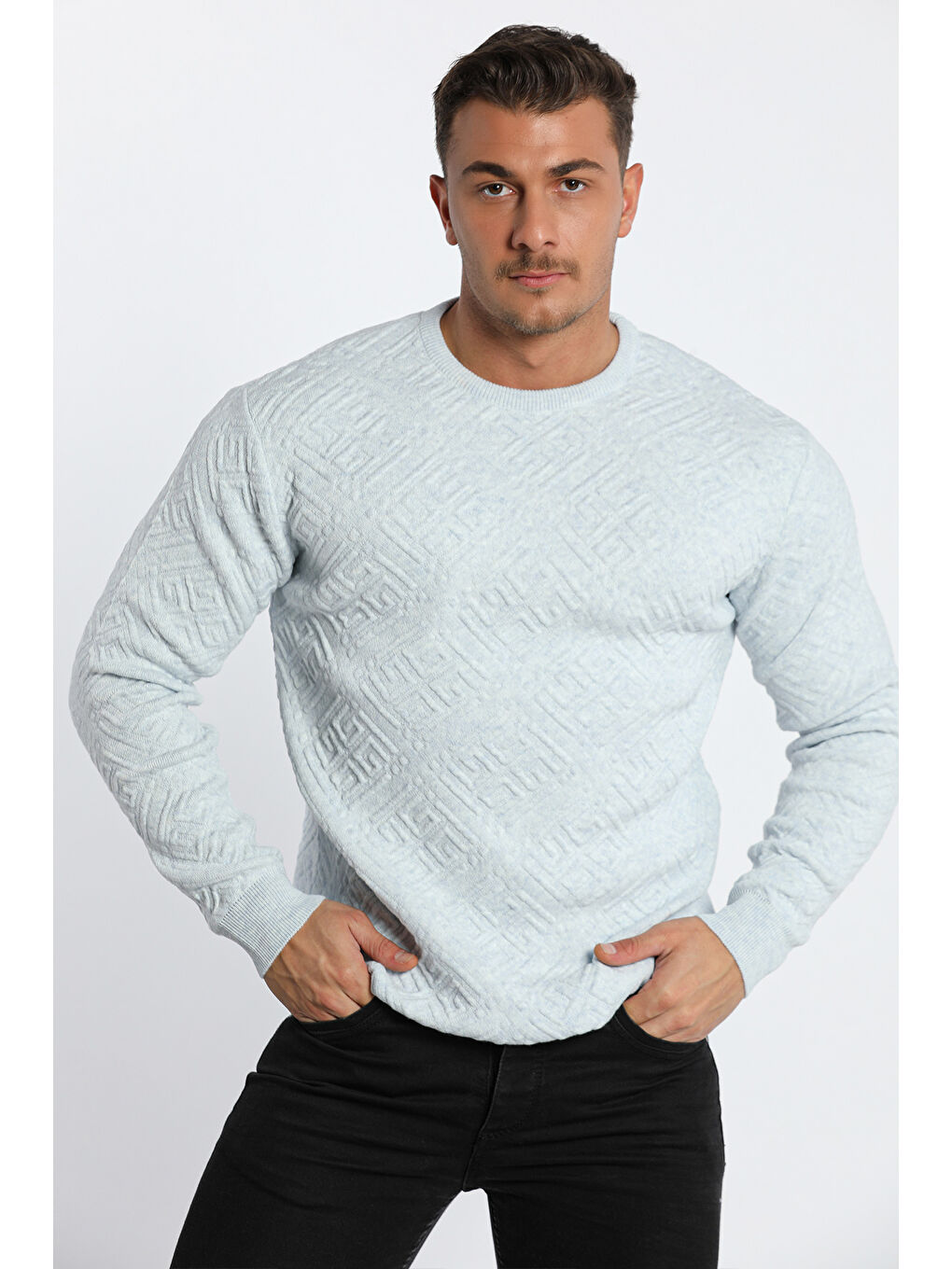 Mavi Erkek Bisiklet Yaka Desenli Triko Kazak