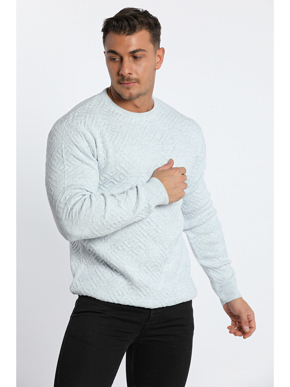 Mavi Erkek Bisiklet Yaka Desenli Triko Kazak-1