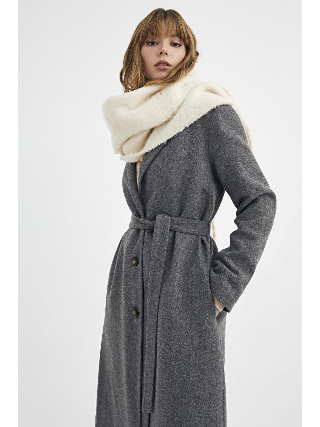 Antrasit Yünlu Uzun Kuşaklı Klasik Kaban