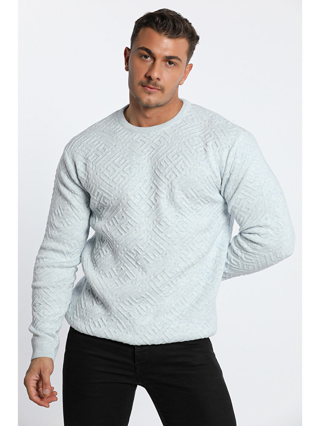 Mavi Erkek Bisiklet Yaka Desenli Triko Kazak-2