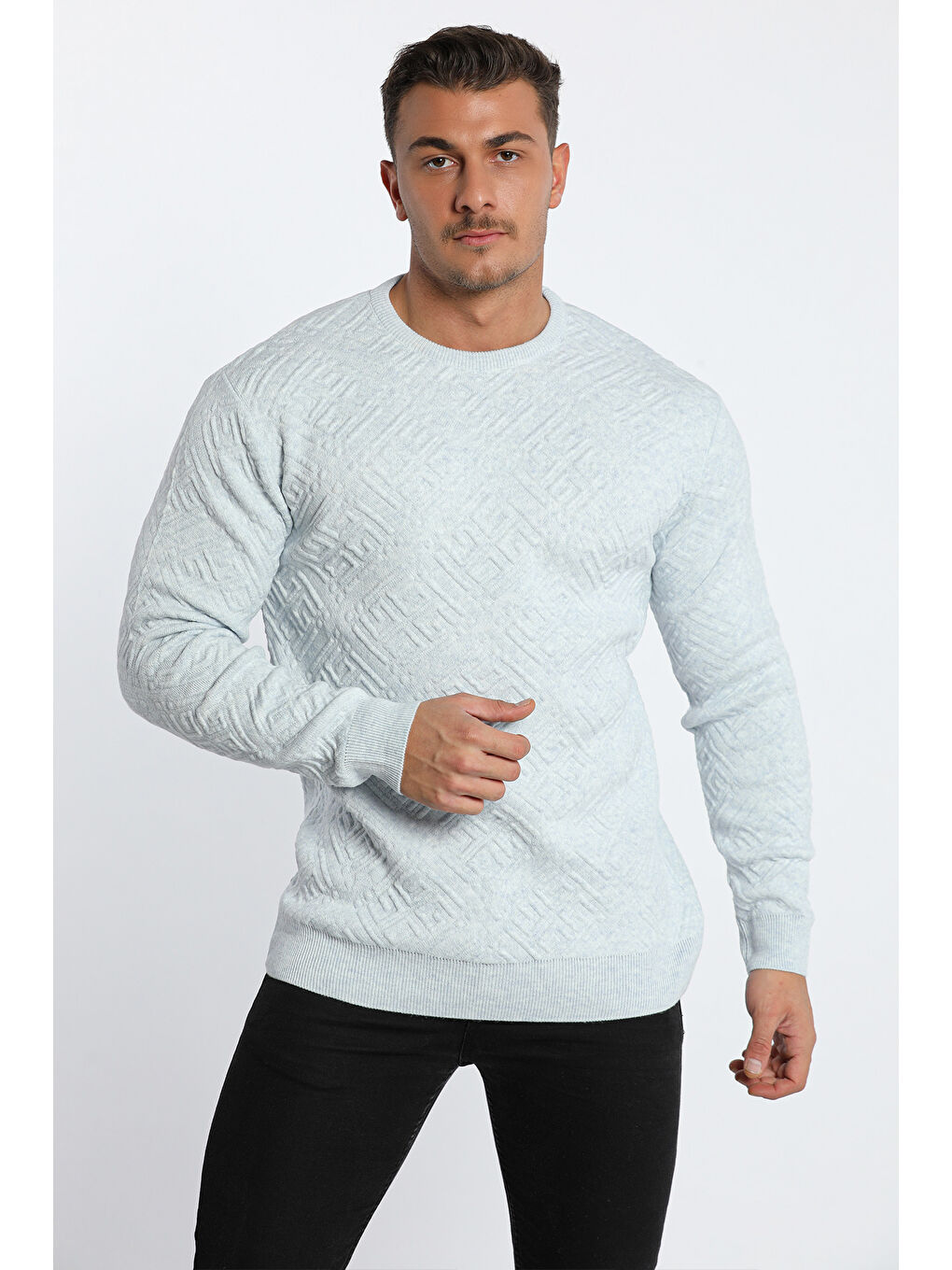 Mavi Erkek Bisiklet Yaka Desenli Triko Kazak-3