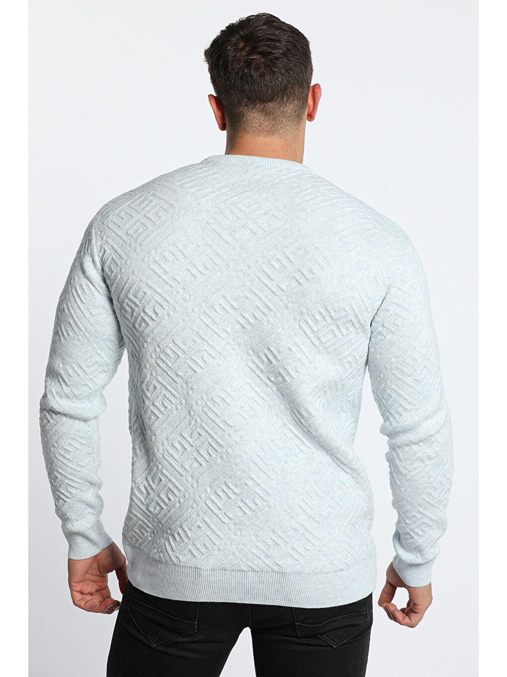 Mavi Erkek Bisiklet Yaka Desenli Triko Kazak-4