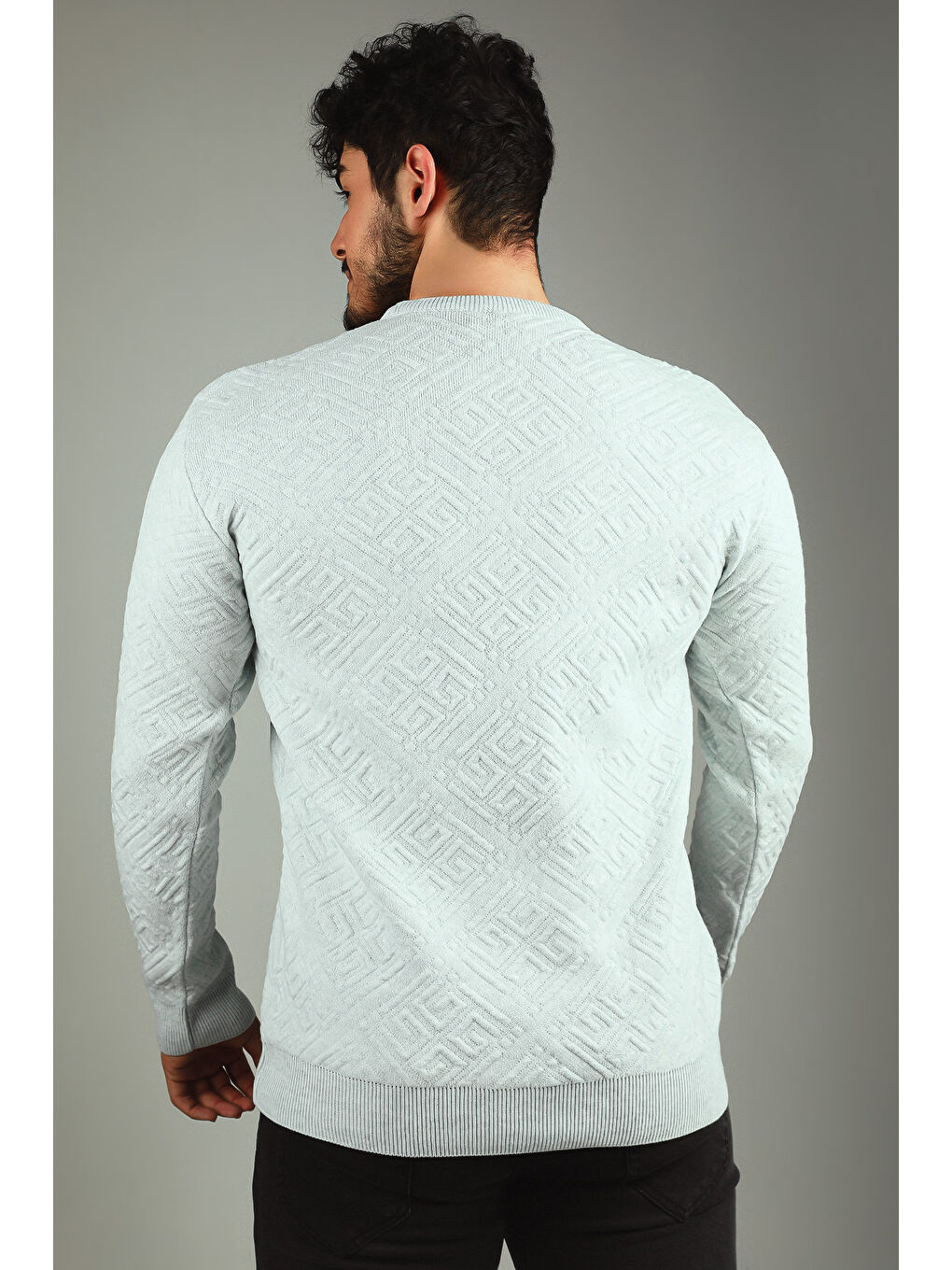 Mavi Erkek Bisiklet Yaka Desenli Triko Kazak-5