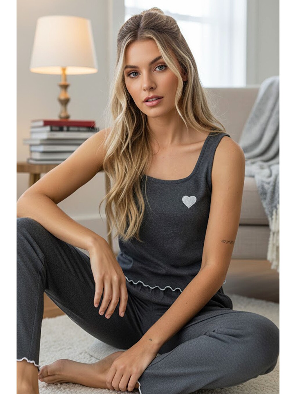 Antrasit Kalın Askılı Örme Pijama Takım7884