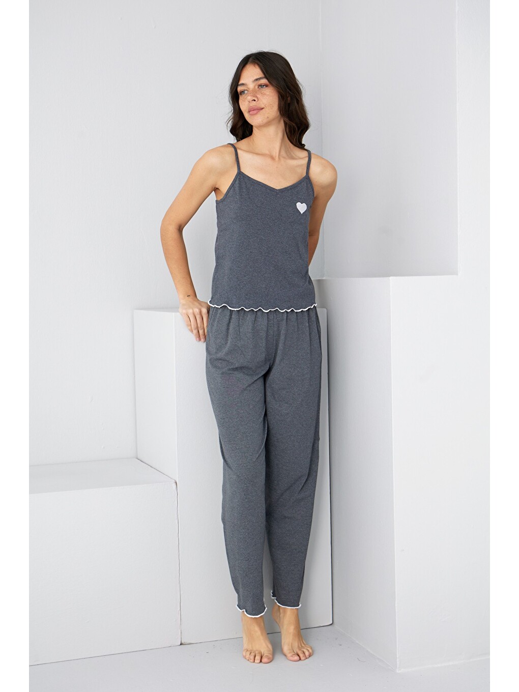 Antrasit İp Askılı Örme Pijama Takım 7883-1