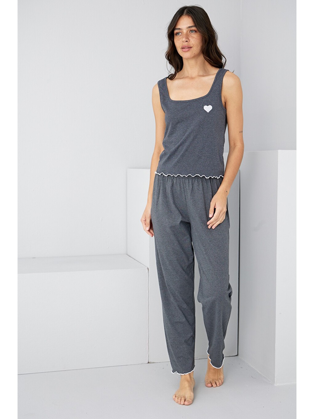 Antrasit Kalın Askılı Örme Pijama Takım7884-1