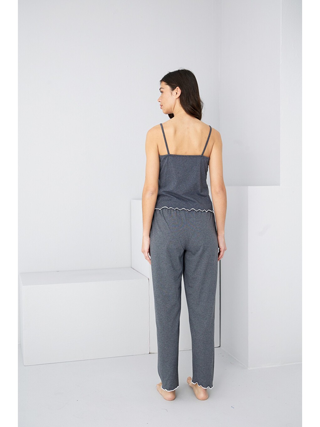 Antrasit İp Askılı Örme Pijama Takım 7883-2