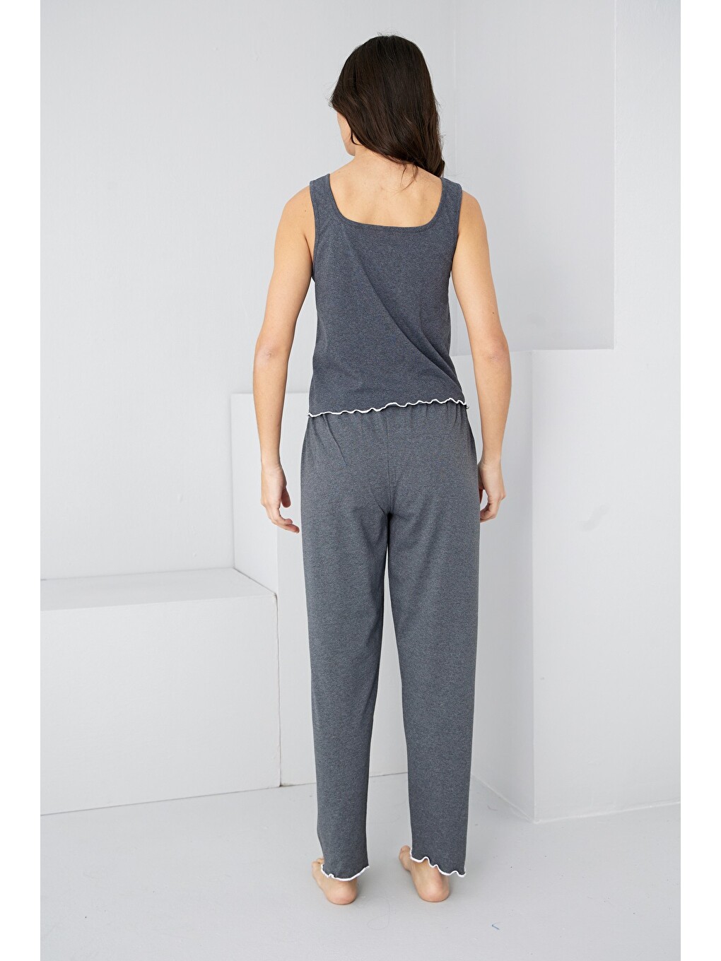 Antrasit Kalın Askılı Örme Pijama Takım7884-2