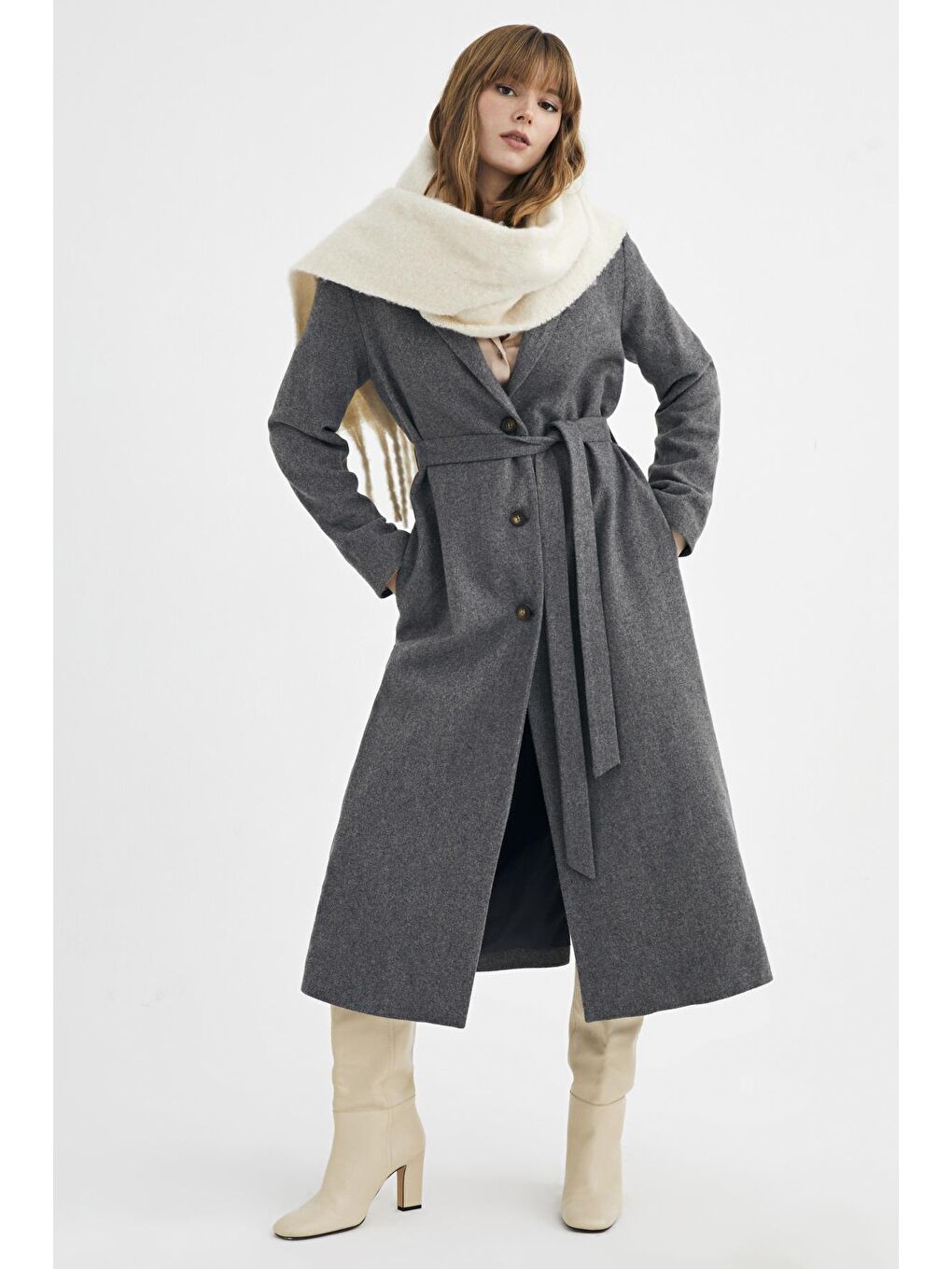 Antrasit Yünlu Uzun Kuşaklı Klasik Kaban-1