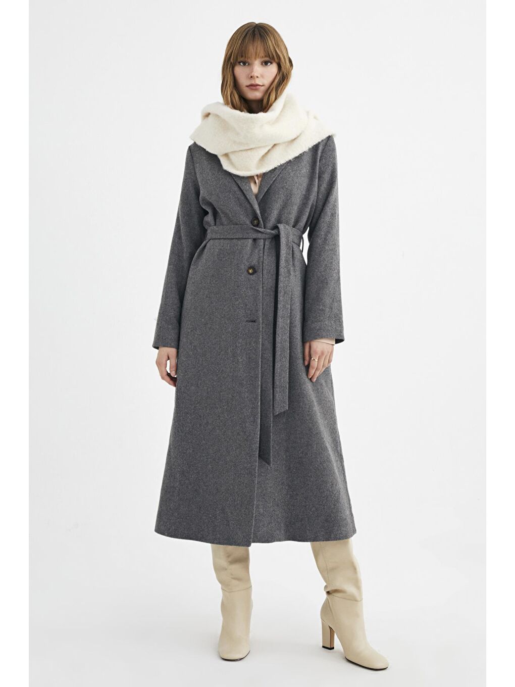 Antrasit Yünlu Uzun Kuşaklı Klasik Kaban-2