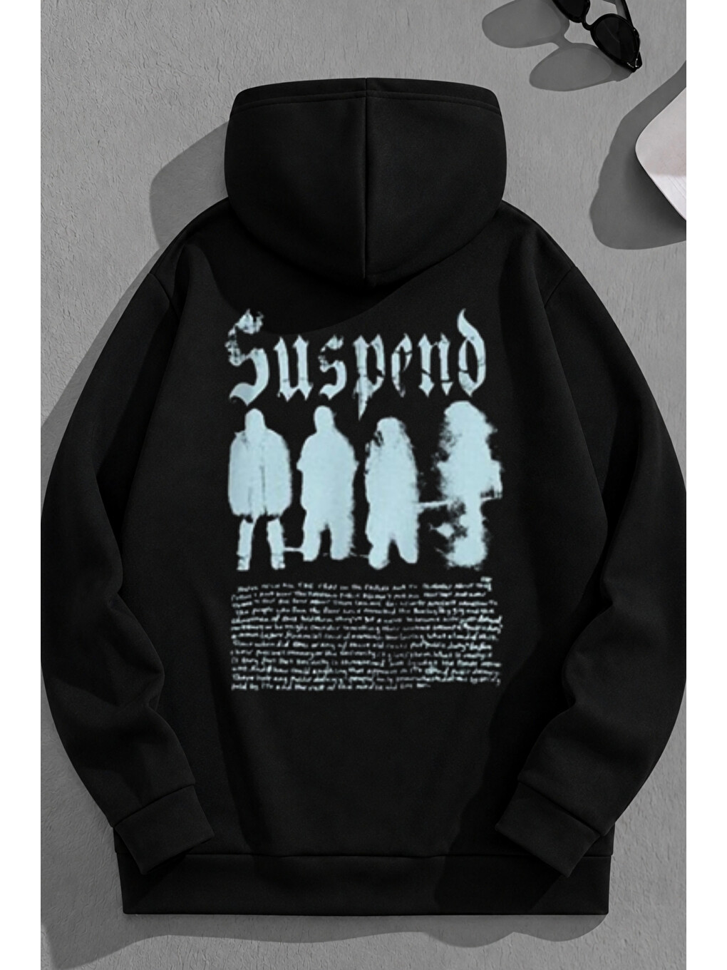 Unisex 3 İplik Pamuklu Siyah Suspend Baskı Bol Kalıp Sweatshirt Hoodie