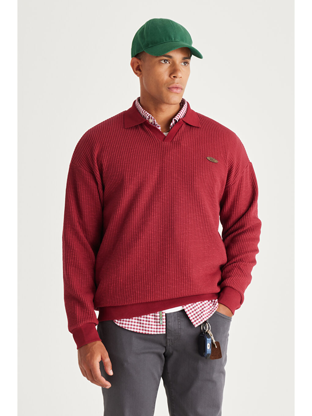 Erkek Bordo Loose Fit Polo Yaka Jakarlı Sweatshirt