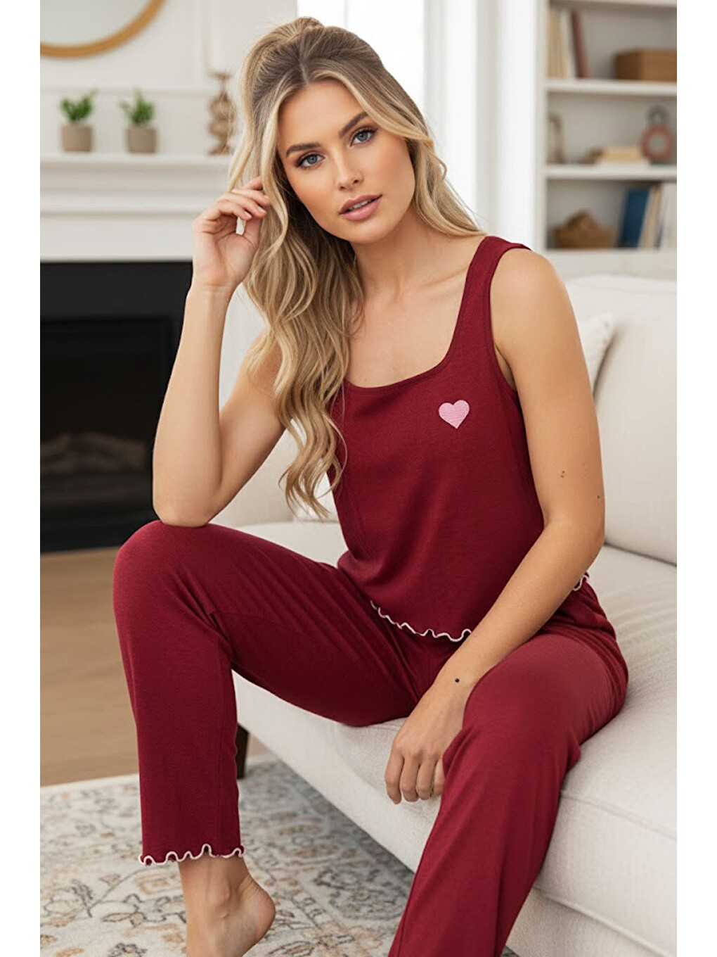 Bordo Kalın Askılı Örme Pijama Takım7884