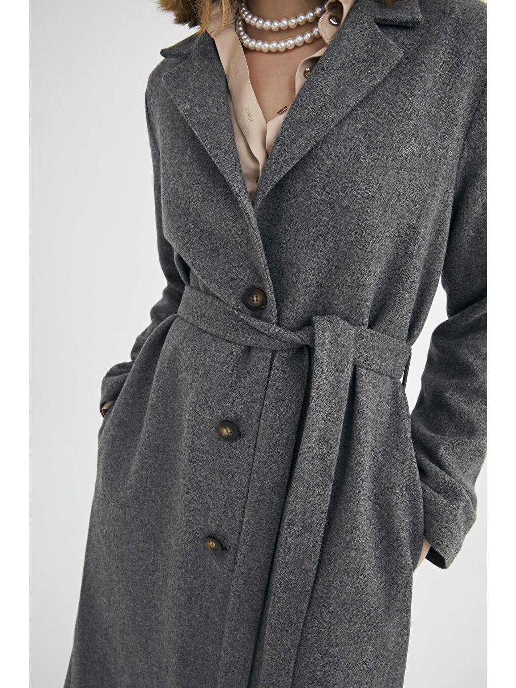 Antrasit Yünlu Uzun Kuşaklı Klasik Kaban-3