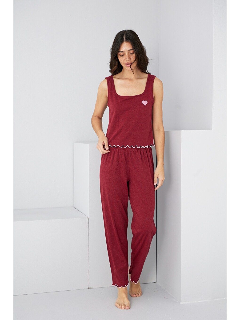 Bordo Kalın Askılı Örme Pijama Takım7884-1