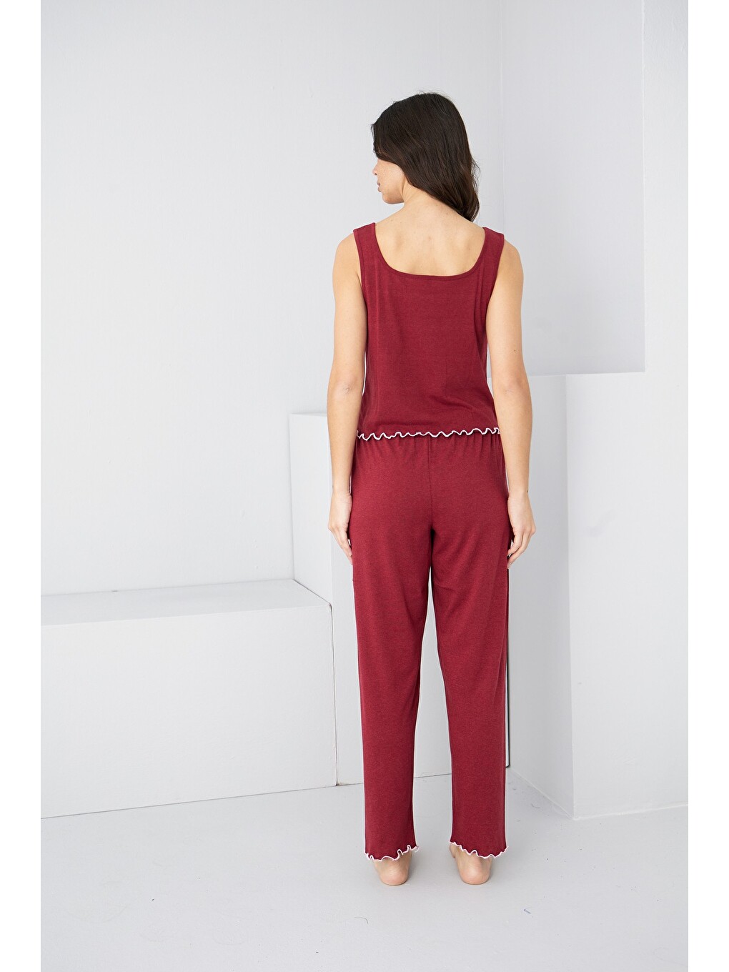 Bordo Kalın Askılı Örme Pijama Takım7884-2
