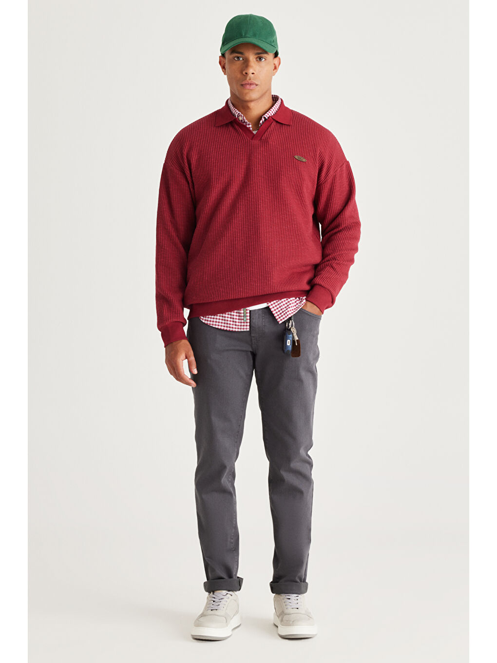 Erkek Bordo Loose Fit Polo Yaka Jakarlı Sweatshirt-1