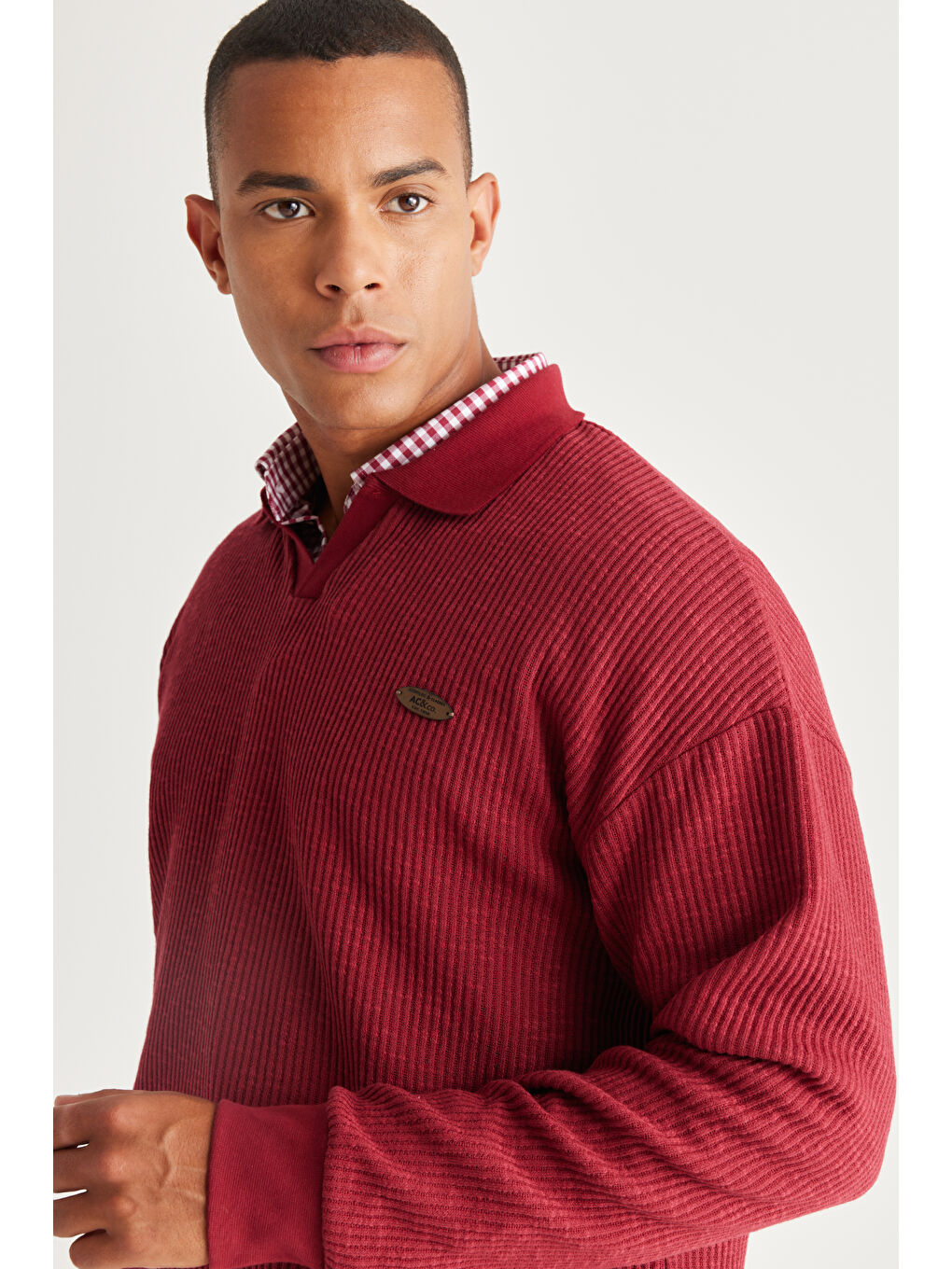 Erkek Bordo Loose Fit Polo Yaka Jakarlı Sweatshirt-2