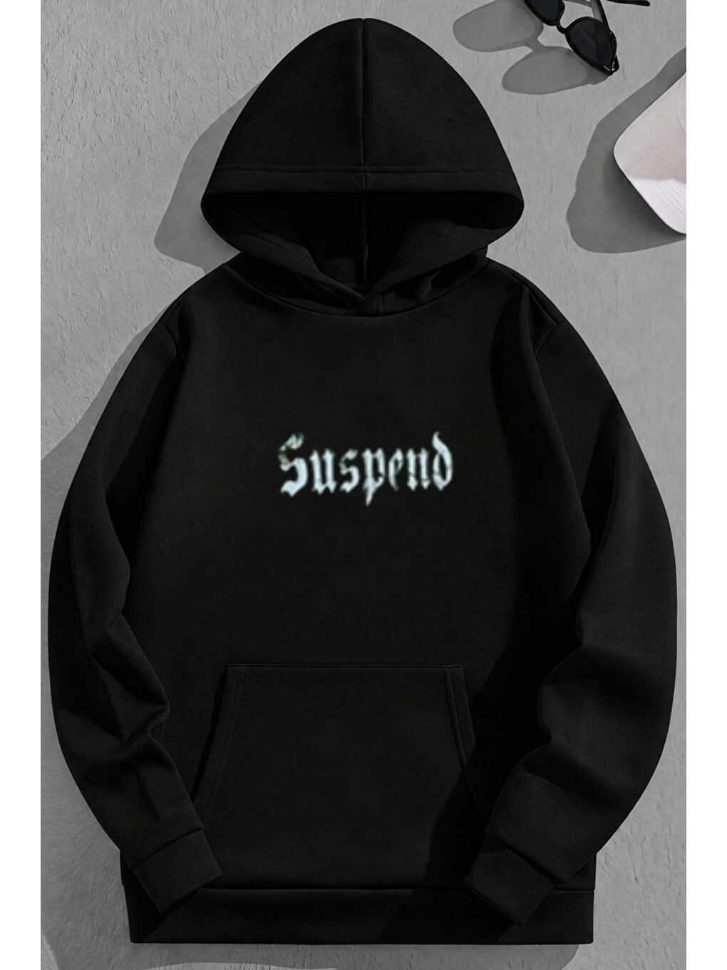 Unisex 3 İplik Pamuklu Siyah Suspend Baskı Bol Kalıp Sweatshirt Hoodie-1