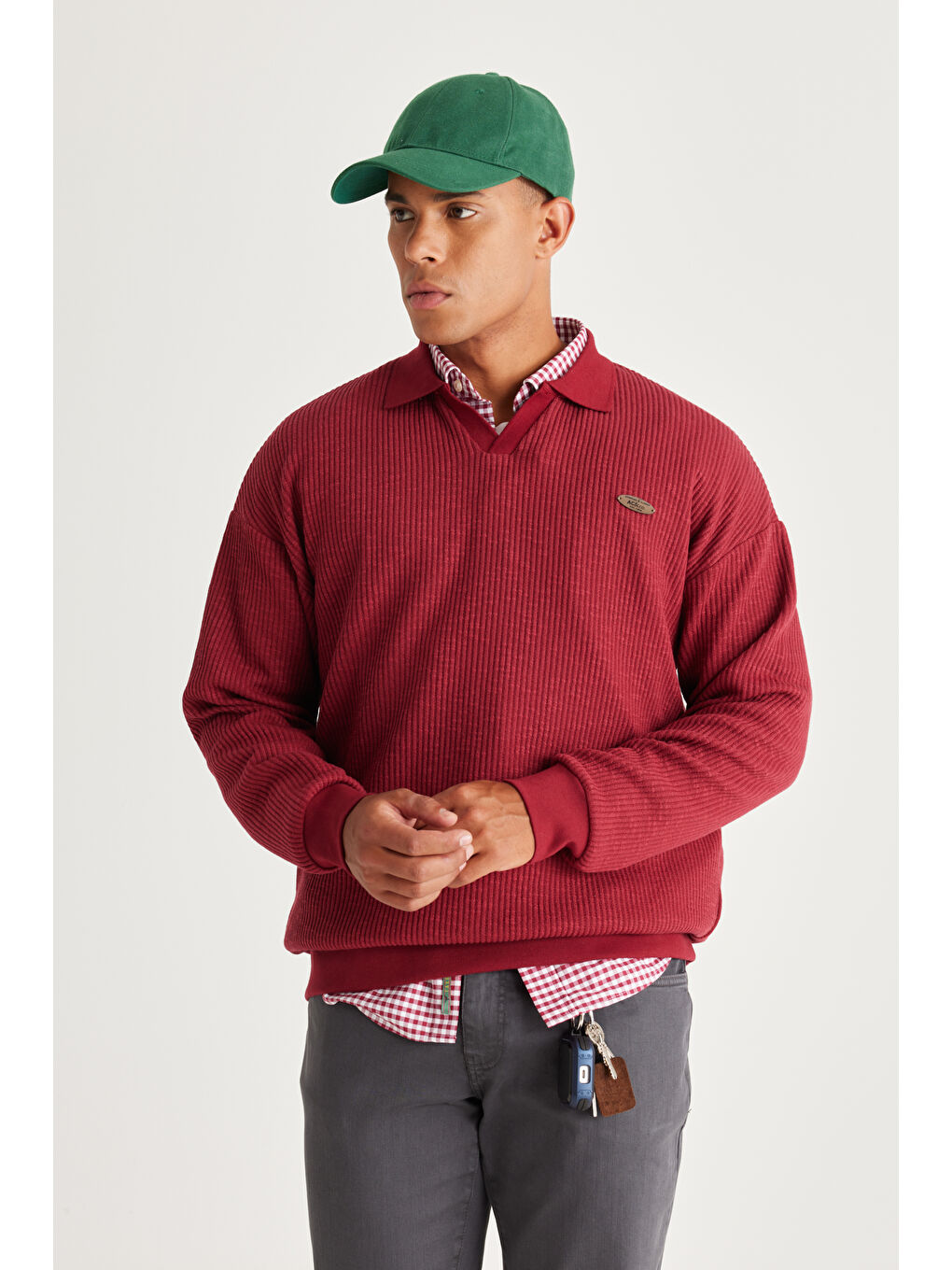 Erkek Bordo Loose Fit Polo Yaka Jakarlı Sweatshirt-3