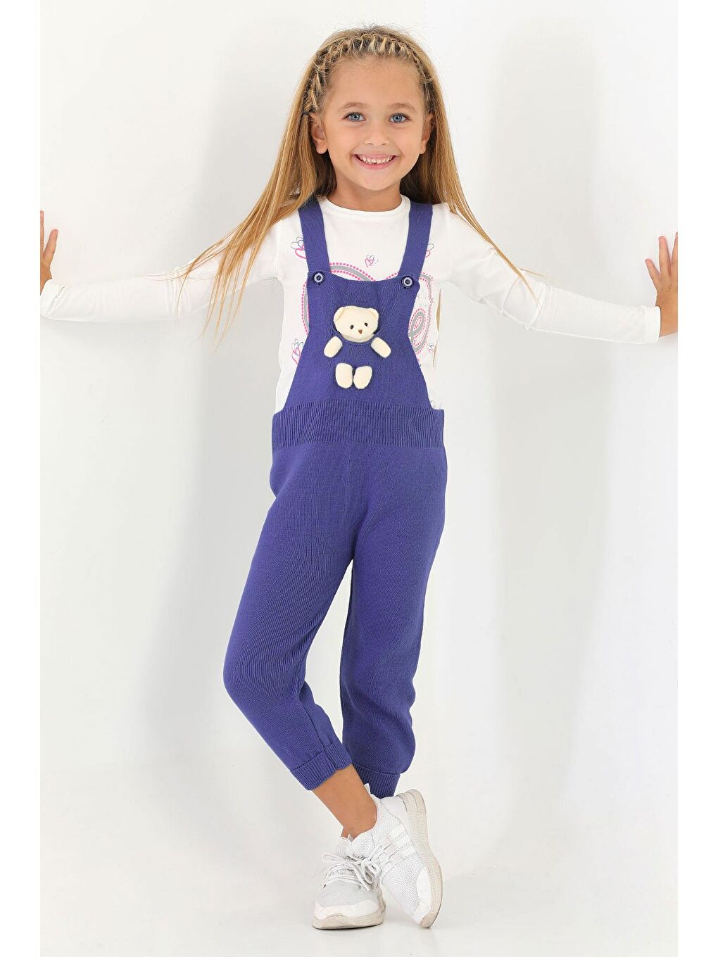 Askılı Düğmeli Önü Ayıcıklı Lacivert Renk Kız Çocuk Salopet-1