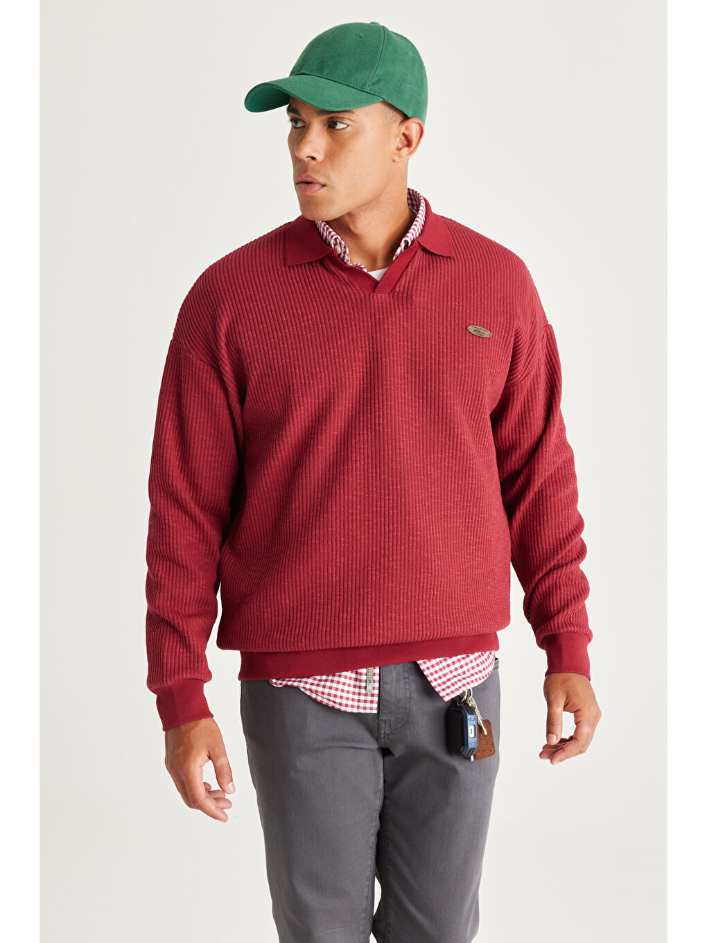 Erkek Bordo Loose Fit Polo Yaka Jakarlı Sweatshirt-4