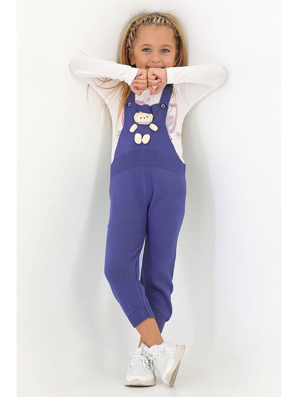 Askılı Düğmeli Önü Ayıcıklı Lacivert Renk Kız Çocuk Salopet-2