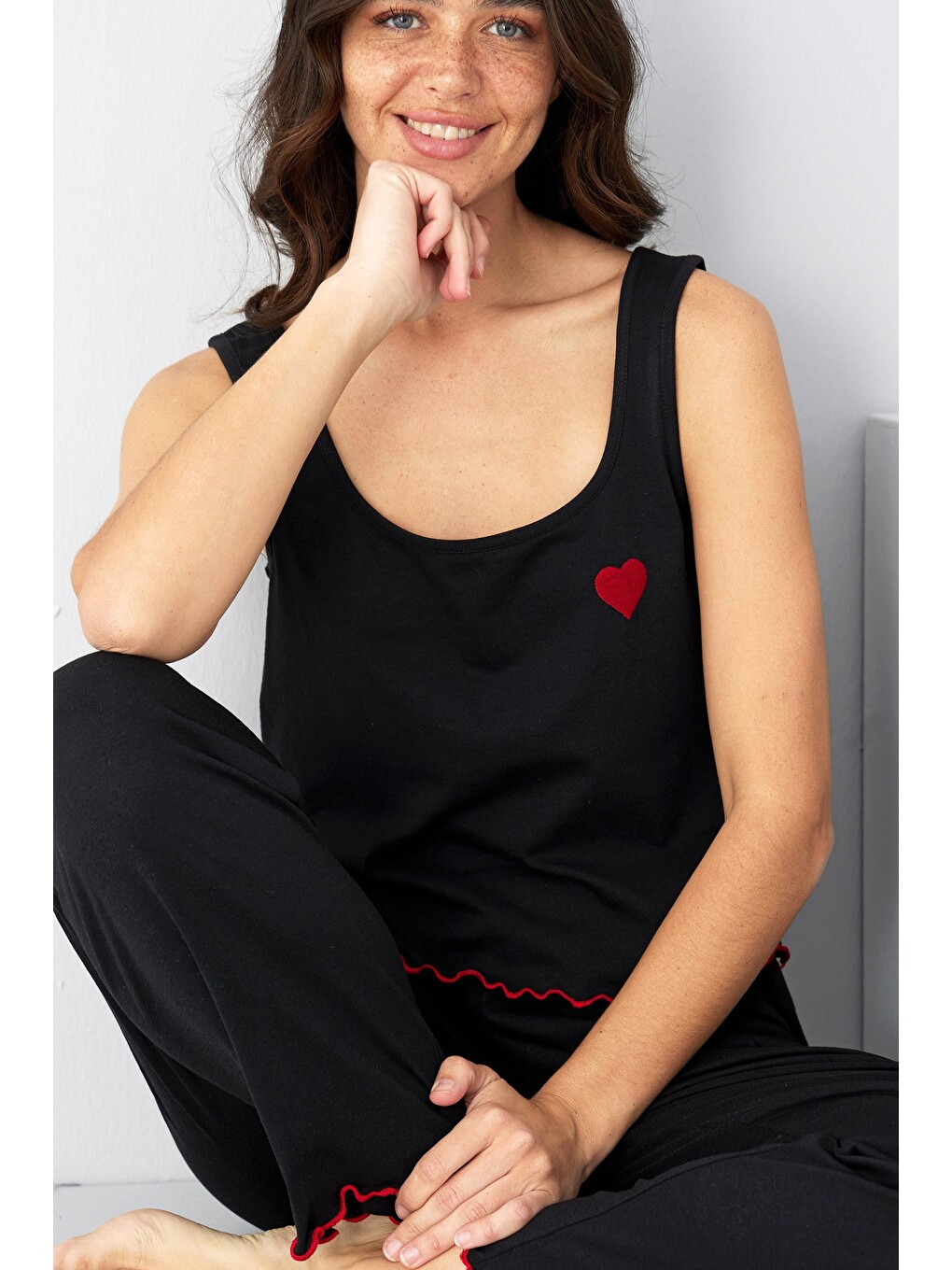Siyah Kalın Askılı Örme Pijama Takım7884