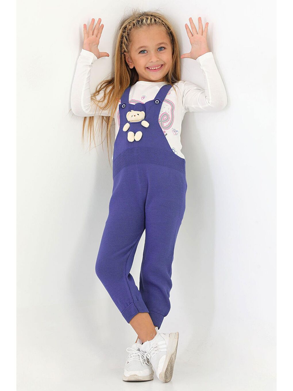 Askılı Düğmeli Önü Ayıcıklı Lacivert Renk Kız Çocuk Salopet-3