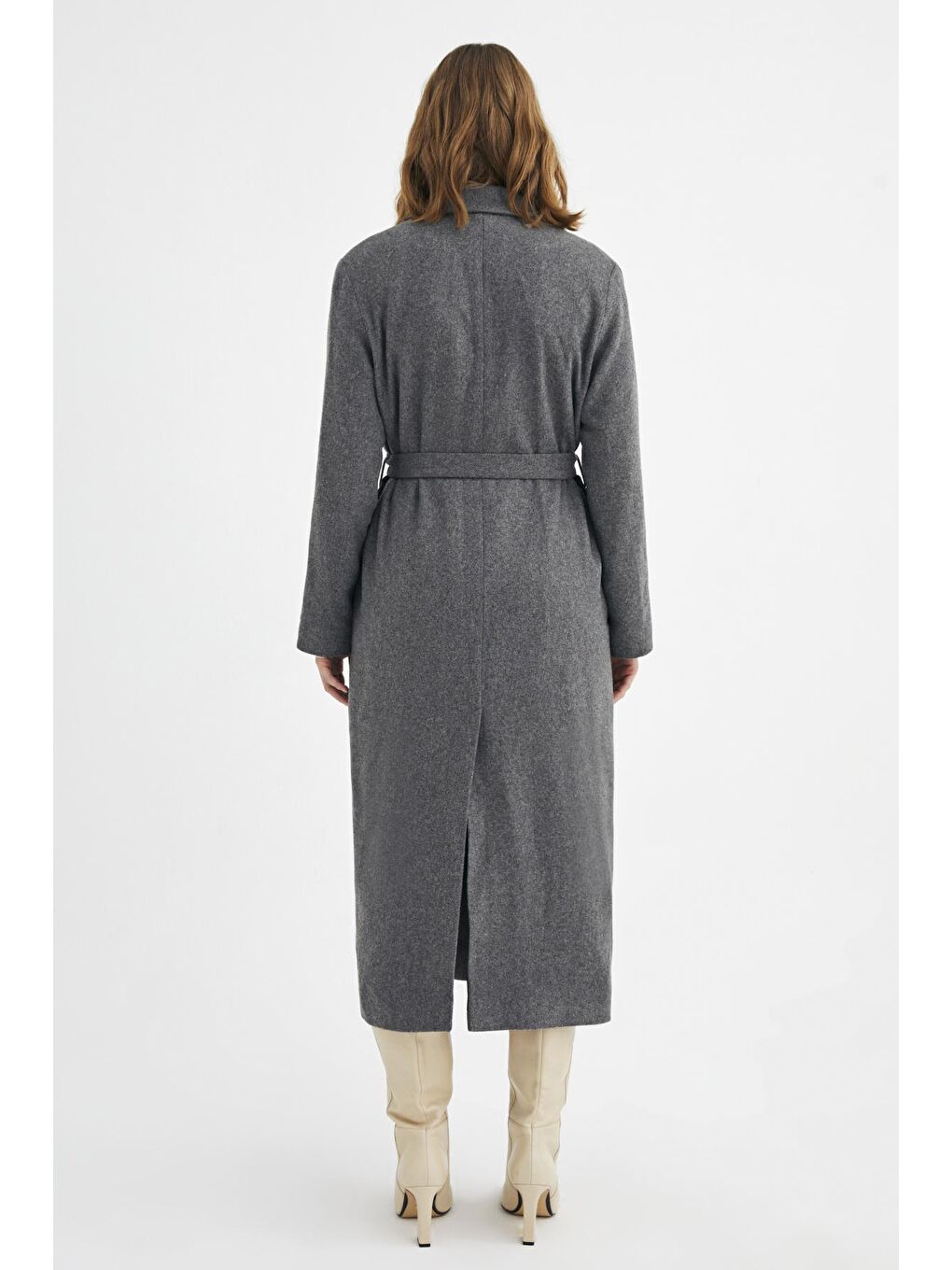Antrasit Yünlu Uzun Kuşaklı Klasik Kaban-4
